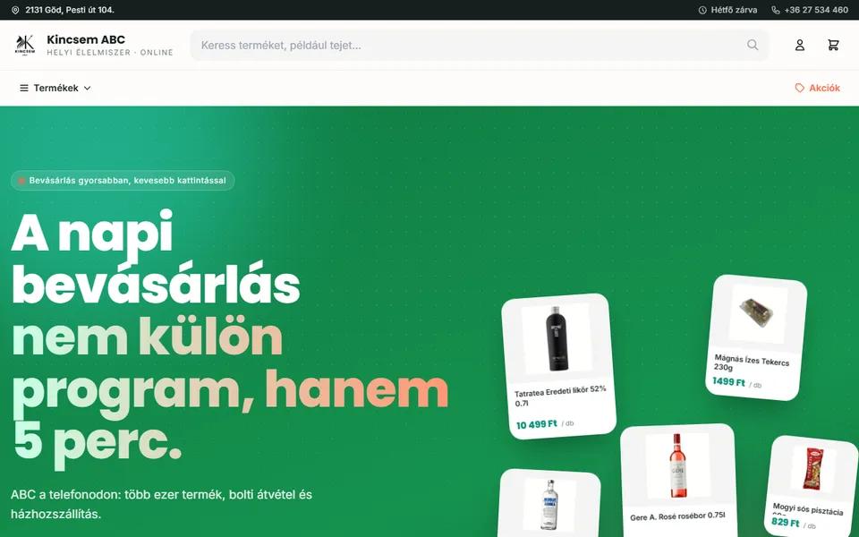 A gödi Kincsem ABC általunk készített online élelmiszer-webshopjának nyitóoldala