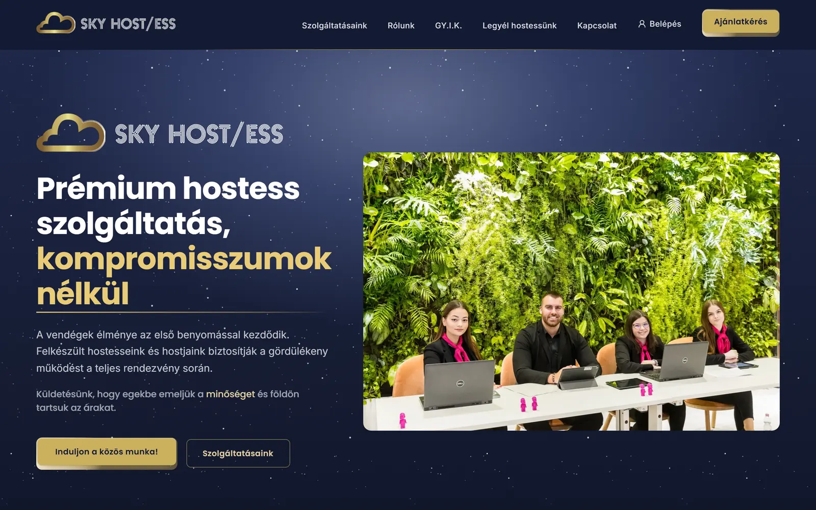 Az oldal címe és első mondata mondja meg a Google-nek is, mit csinálsz – az általunk készített SKY HOST/ESS-oldal első képernyője.